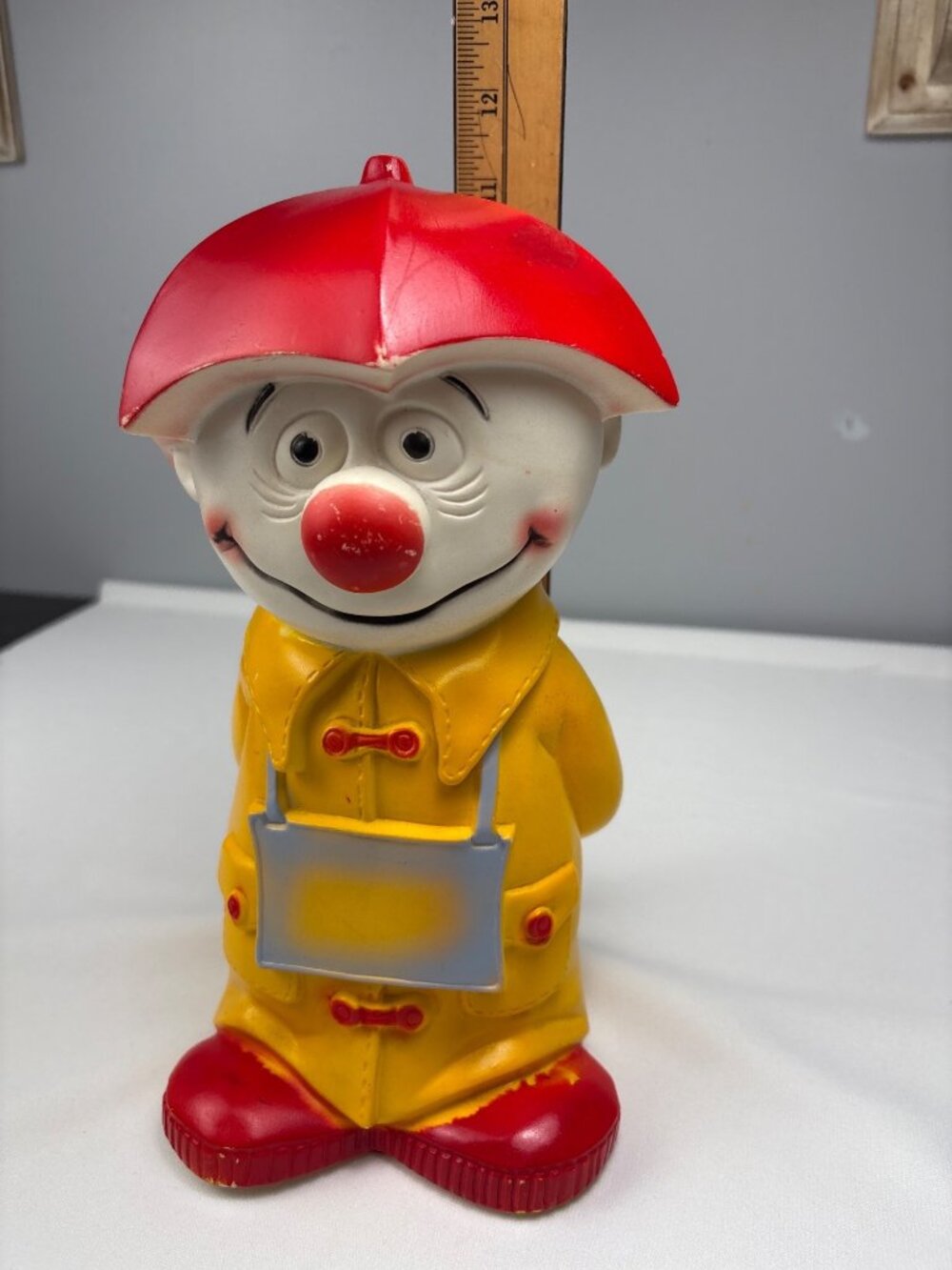 1971 Play Pal Plastics "For A Rainy Day" Clown Coin Bank 12" Red/Yellow Collecti - Picture 6 of 14